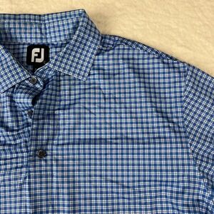 FJ FootJoy Plaid Golf Polo Shirt Blue White Mens Size Large Short Sleeve